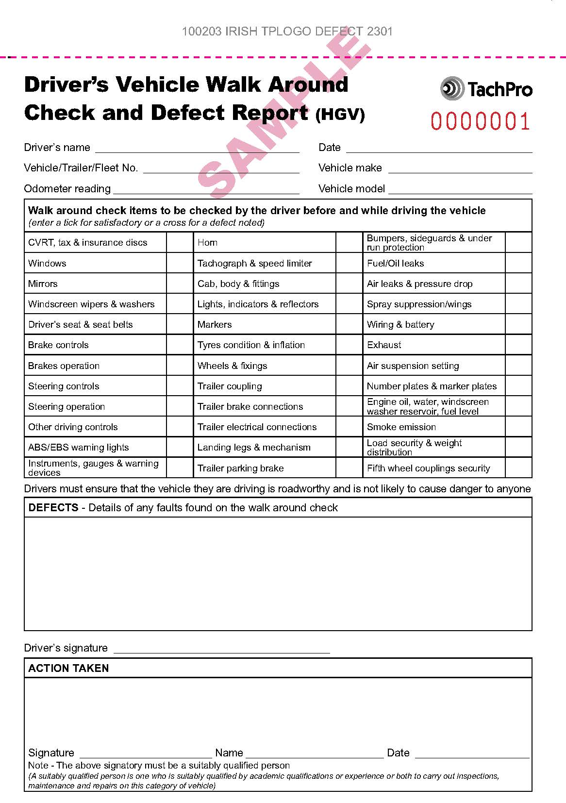 A5 Irish 50 Page Universal Duplicate Driver Defect Book