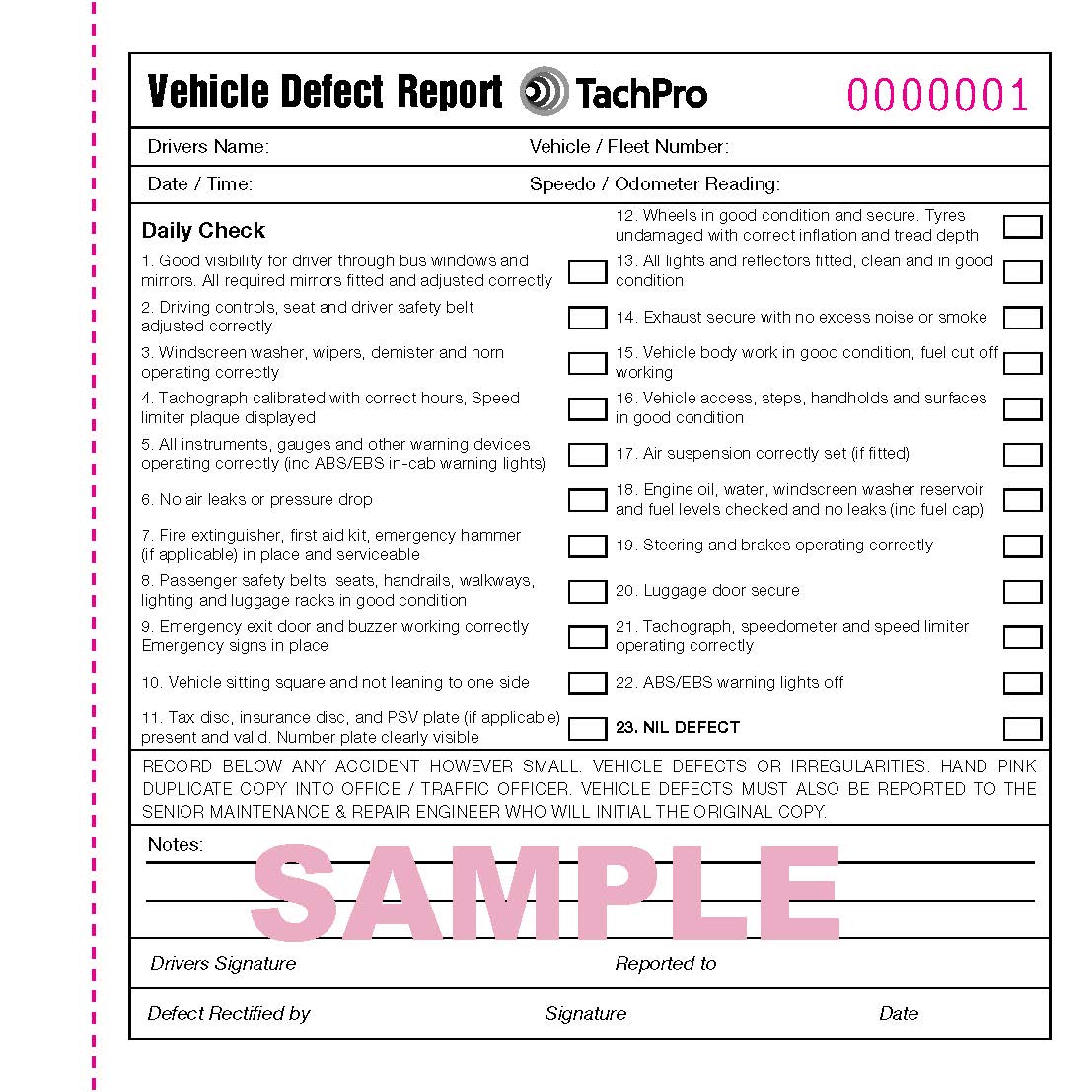 Irish Bus & PSV Daily Defect Book 50 Page Duplicate