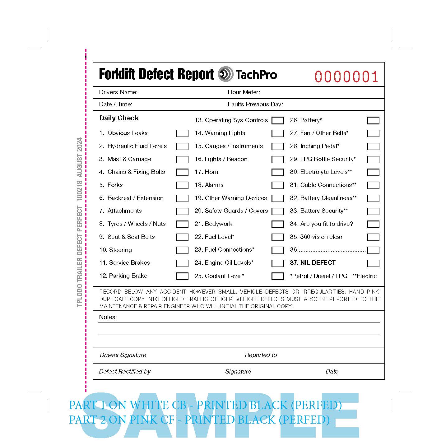 50 Page Fork Lift Truck Daily Check & Defect Book