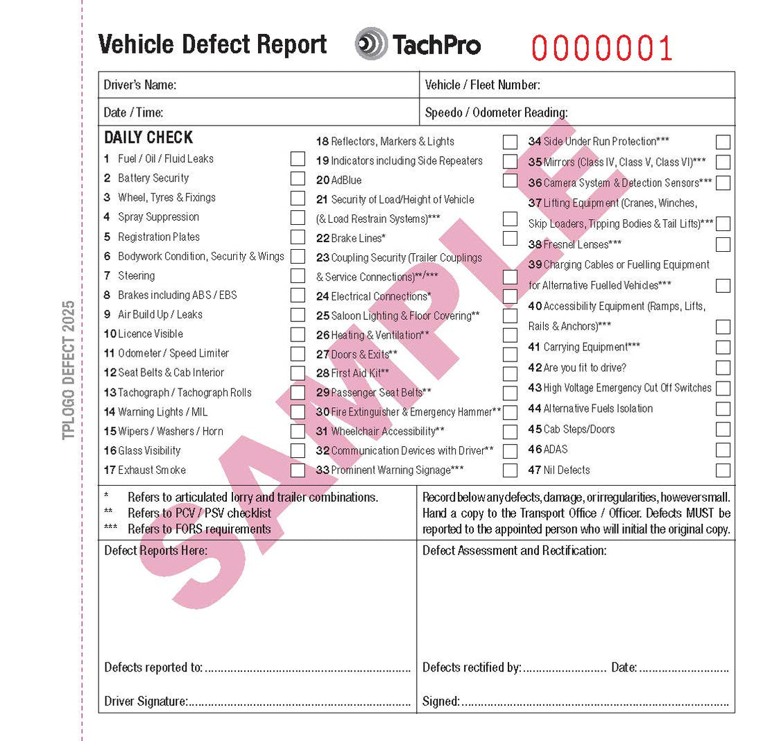 Driver Defect Card Check Form 50 Page Duplicate Vehicle Daily Checks & Defect Book – TachPro