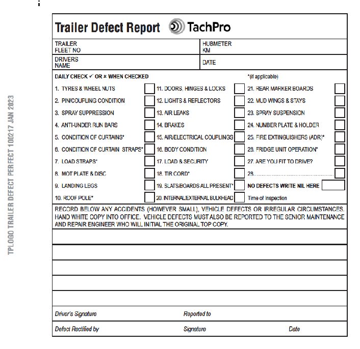 Trailer Daily Defect Report Book – 50 Duplicate Pages TachPro